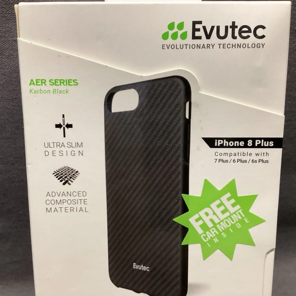EVUTEC AER SERIES IPHONE 8 PLUS CASE WITH CAR VENT MOUNT COLOR: KARBON BLACK NWT